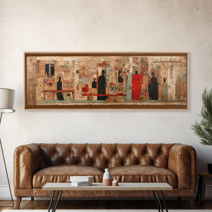 Ancient Textured Mural With Silhouetted Figures Wall Art, Cultural Wall Art, Ethnic Art Print, Abstract African Art Decor