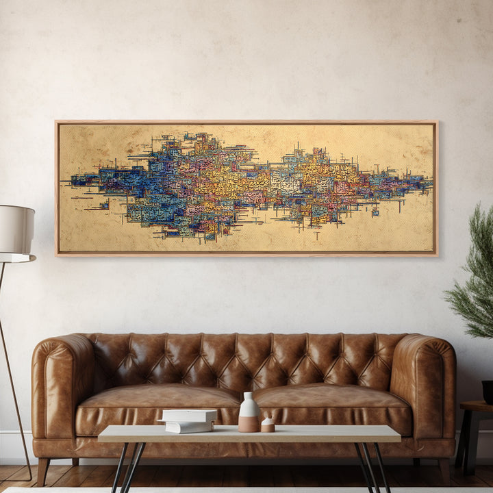 Abstract African City Map Canvas Print, Modern Geometric Wall Decor, Blue Orange Afrocentric Art, Panoramic Office Decor