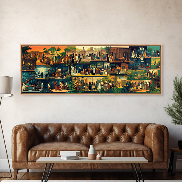 Vibrant African Village Scenes Wall Art, Narrative Marketplace Painting, Cultural Home Decor, Afrocentric Gallery Print Gift