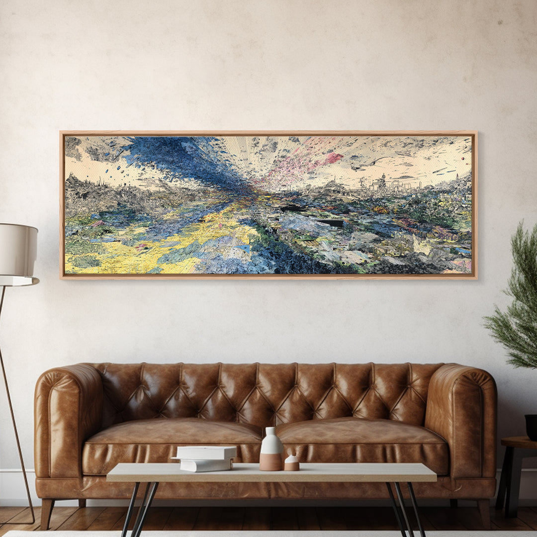 Stormy African Landscape Canvas Print, Abstract Aerial City View, Blue Yellow Modern Wall Decor, Panoramic Statement Art
