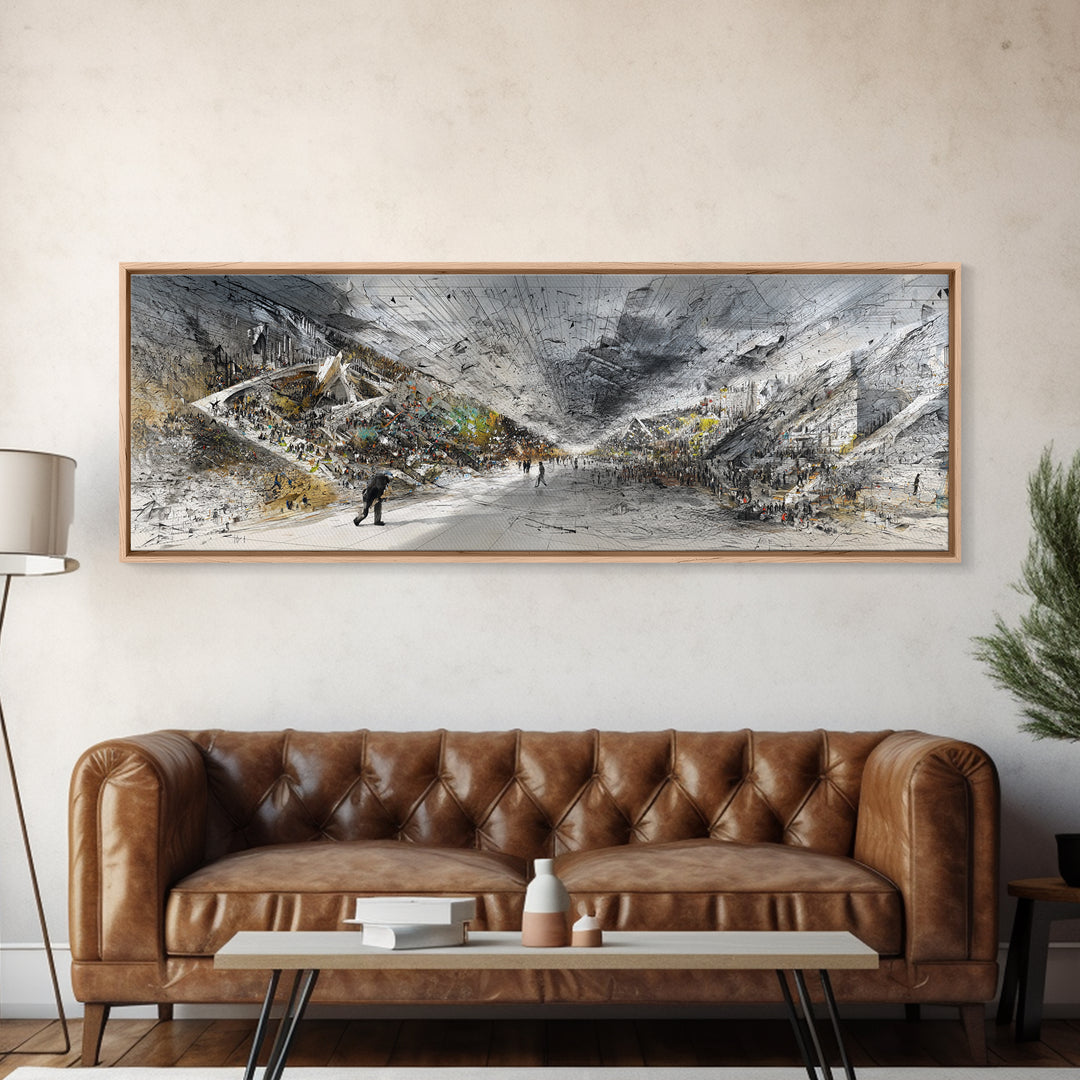 Monochrome African Modern Hall Canvas Print, Grand Interior Crowd Scene, Abstract Architecture Wall Art, Large Office Decor