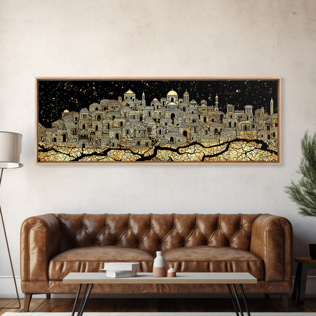 Gold African Night City Wall Art, Starry Palace Skyline, Black And Gold Cultural Decor, Panoramic Canvas Print Gift For Home