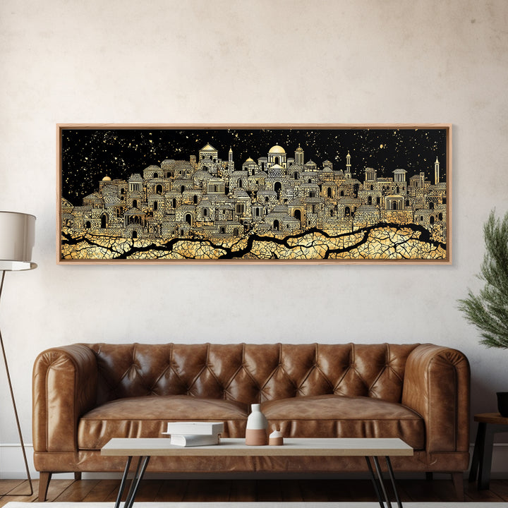 Gold African Night City Wall Art, Starry Palace Skyline, Black And Gold Cultural Decor, Panoramic Canvas Print Gift For Home