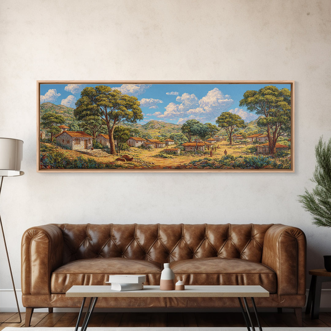 Sunlit African Countryside Landscape Wall Art, Village Nature Scene, Safari Decor, Earth Tone Panoramic Living Room Print