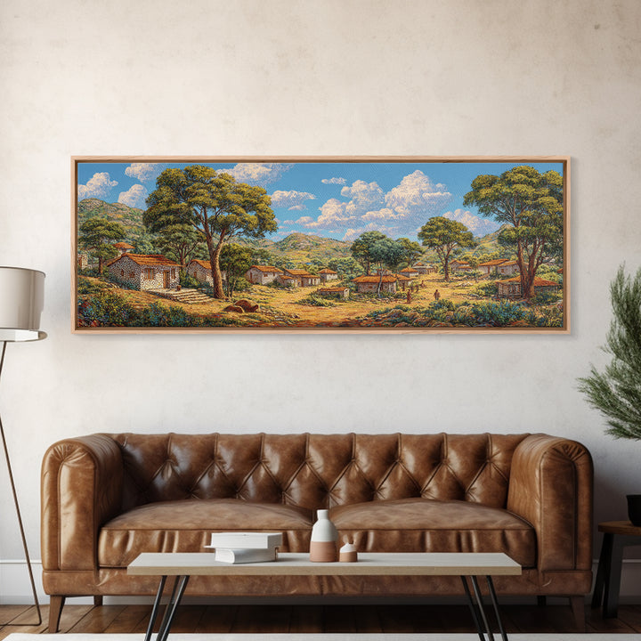 Sunlit African Countryside Landscape Wall Art, Village Nature Scene, Safari Decor, Earth Tone Panoramic Living Room Print