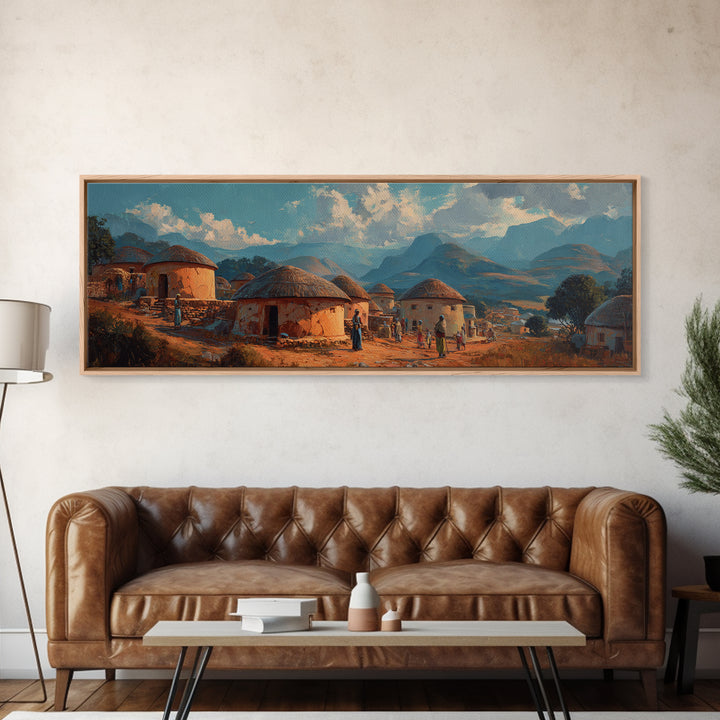 Traditional Round Hut Village Canvas Print, African Landscape Wall Art, Cultural Home Decor, Mountain Sunset Room Accent