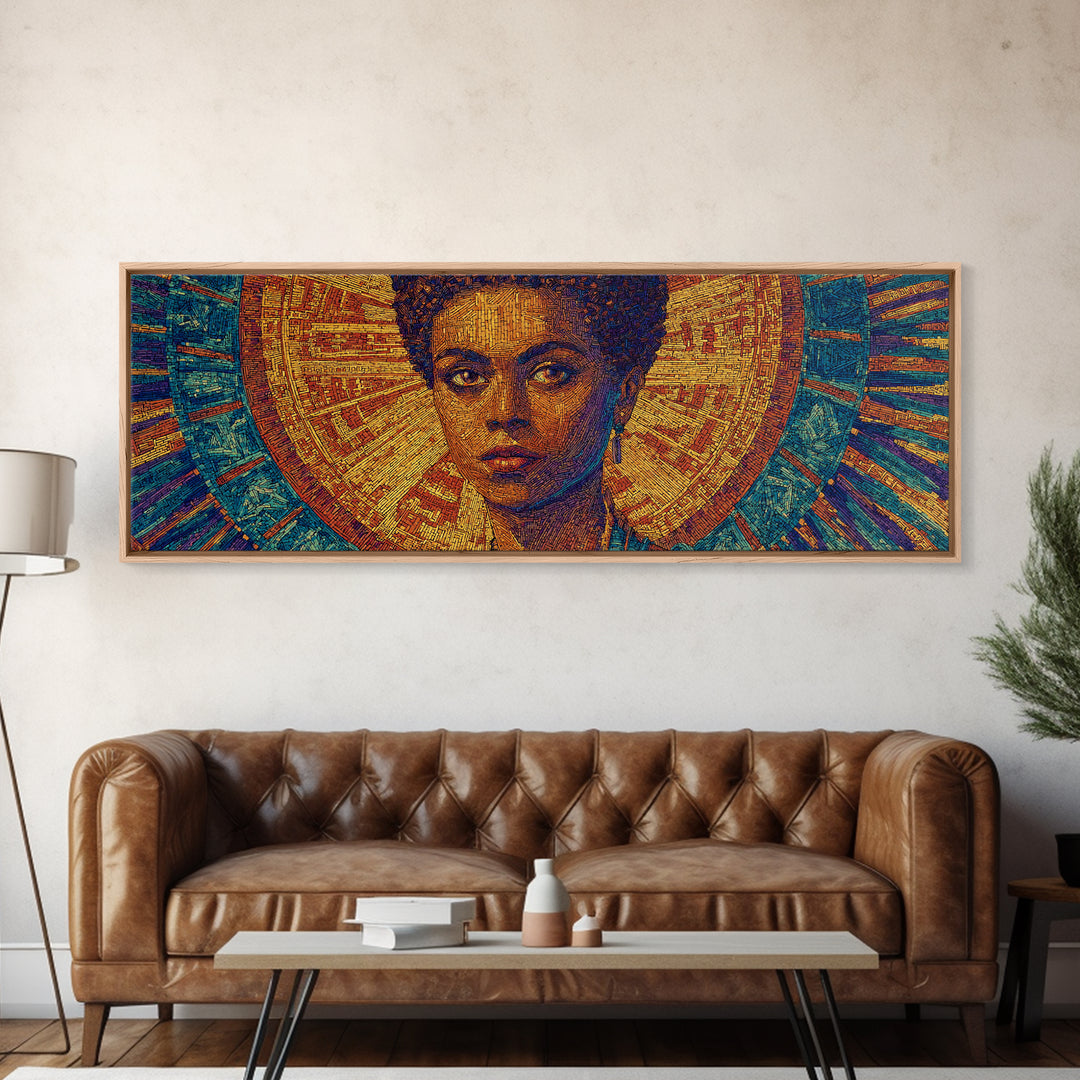 Regal Black Woman With Golden Halo Framed Canvas Print, Afrocentric Wall Art, African Queen Portrait, Melanin Decor Gift