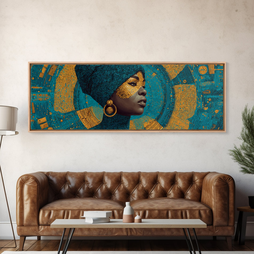 Elegant Black Queen Profile Framed Canvas Print, African Woman Art, Teal Gold Afrocentric Wall Decor, Melanin Portrait Gift