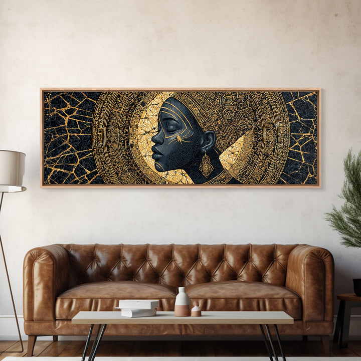 Golden Profile Black Woman Portrait, Abstract African Art Framed Canvas Print, Afrocentric Wall Art, Elegant Home Decor