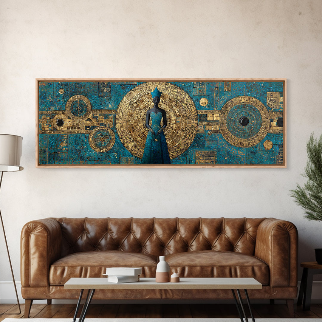 Blue And Gold African Goddess Figure, Geometric African Wall Art, Luxury Canvas Print, Afrocentric Living Room Decor Gift
