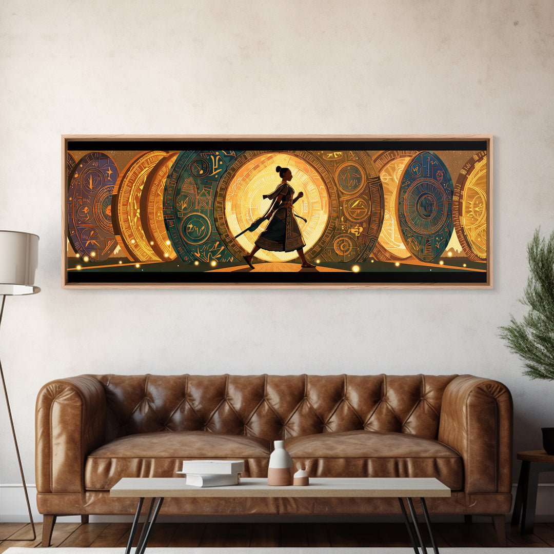 Walking African Woman Silhouette, Golden Portal Wall Art, Modern African Art Canvas Print, Boho Afrocentric Home Decor Gift
