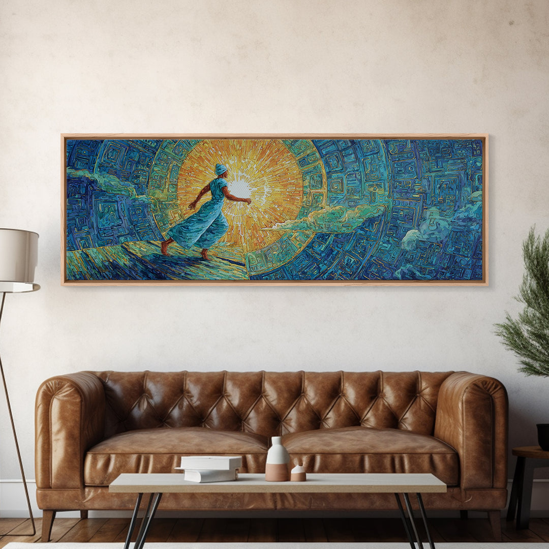 Blue Robed African Woman In Sunlight, Abstract Wall Art, Dreamy Canvas Print, Textured African Art Living Room Decor Gift