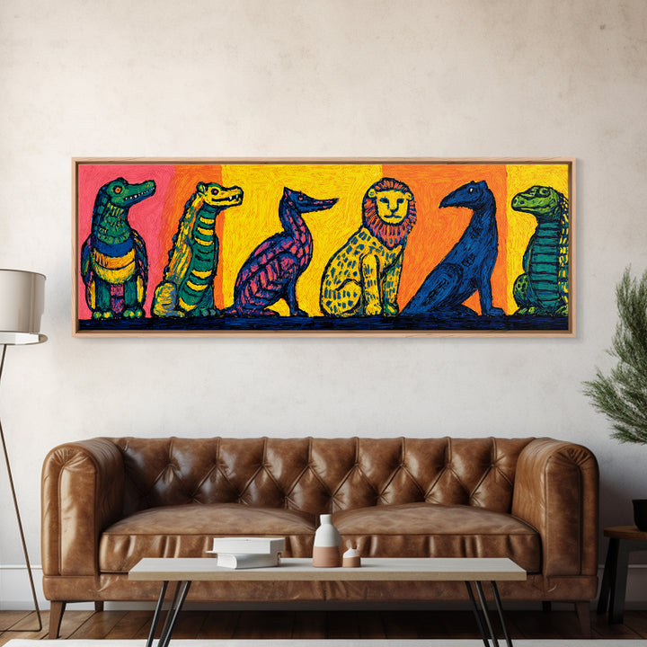 Vibrant Whimsical Safari Animal Lineup, Bright Colorful African Wall Art, Jungle Canvas Print, Playful Kids Room Decor Gift