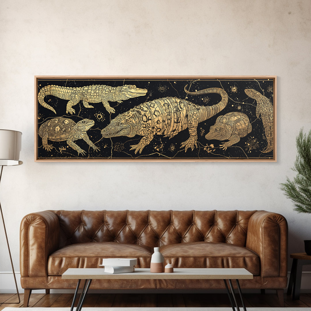 Golden Crocodile Constellation Wall Art, African Safari Reptile Print, Tribal Animal Decor, Black Gold Canvas For Living Room