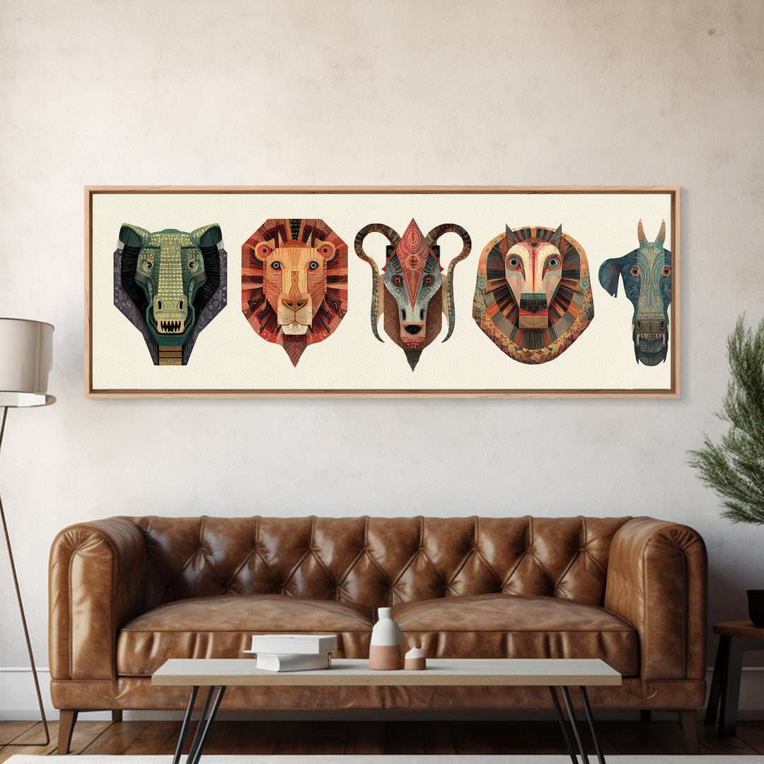 African Animal Mask Collection Framed Canvas Print, Elephant Lion Ram Baboon Tribal Wall Art, Safari Decor For Bold Home