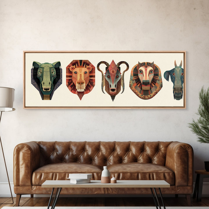 African Animal Mask Collection Framed Canvas Print, Elephant Lion Ram Baboon Tribal Wall Art, Safari Decor For Bold Home