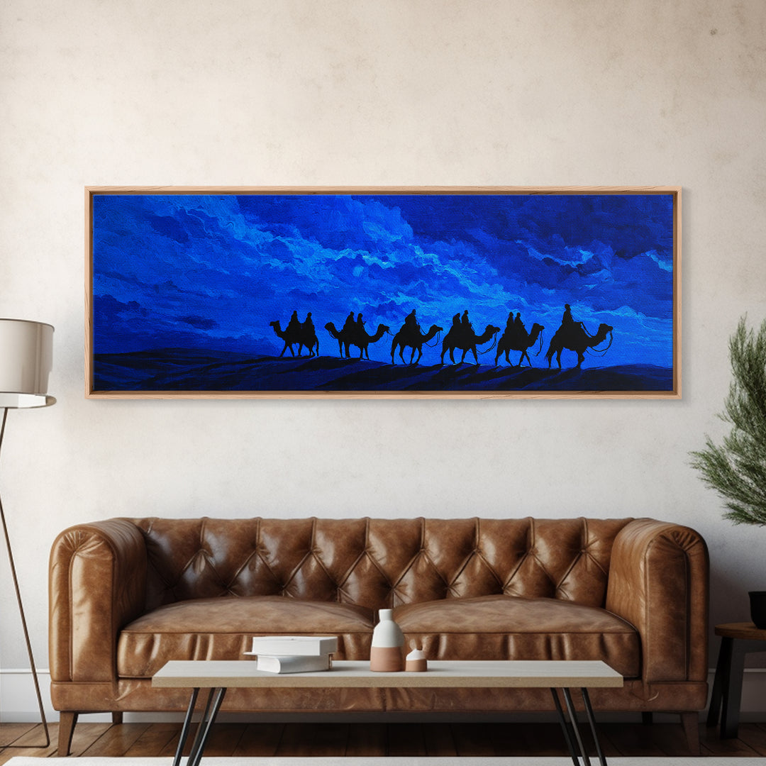 Blue Desert Camel Caravan Wall Art, Moonlit Nomad Silhouette Print, African Safari Decor, Mystical Travel Canvas For Bedroom