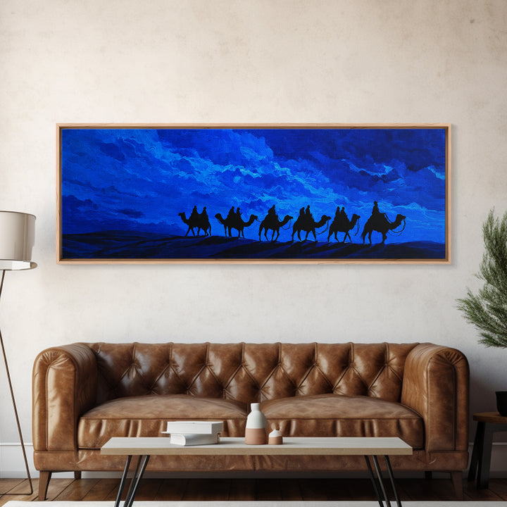Blue Desert Camel Caravan Wall Art, Moonlit Nomad Silhouette Print, African Safari Decor, Mystical Travel Canvas For Bedroom