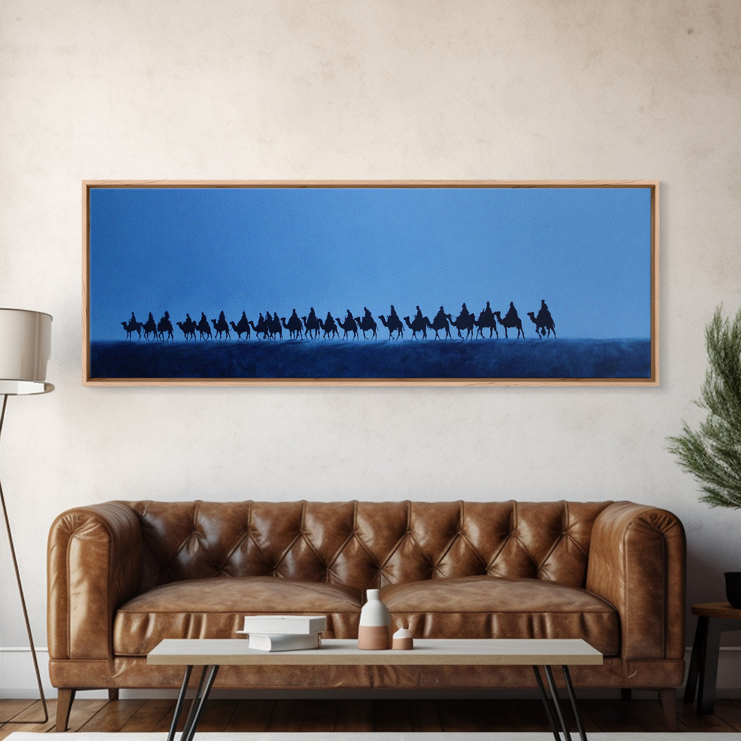 Distant Camel Caravan Canvas Print, Blue Desert Horizon Wall Art, African Travel Poster, Minimalist Safari Decor For Living Room