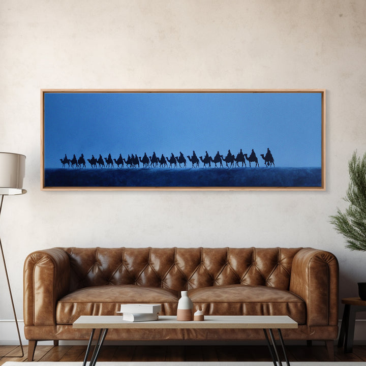 Distant Camel Caravan Canvas Print, Blue Desert Horizon Wall Art, African Travel Poster, Minimalist Safari Decor For Living Room