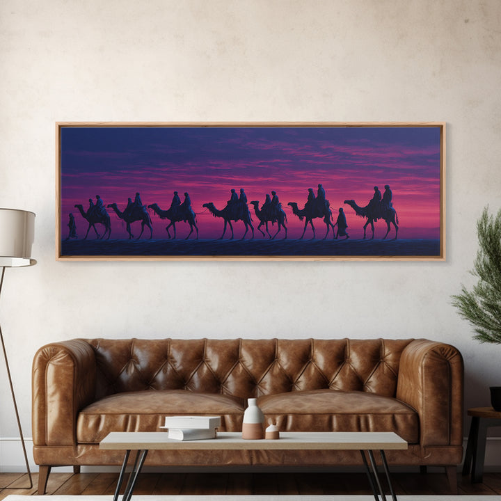 Purple Sunset Camel Caravan Wall Art, Desert Nomad Silhouette Painting, African Safari Decor, Travel Canvas Print For Bedroom