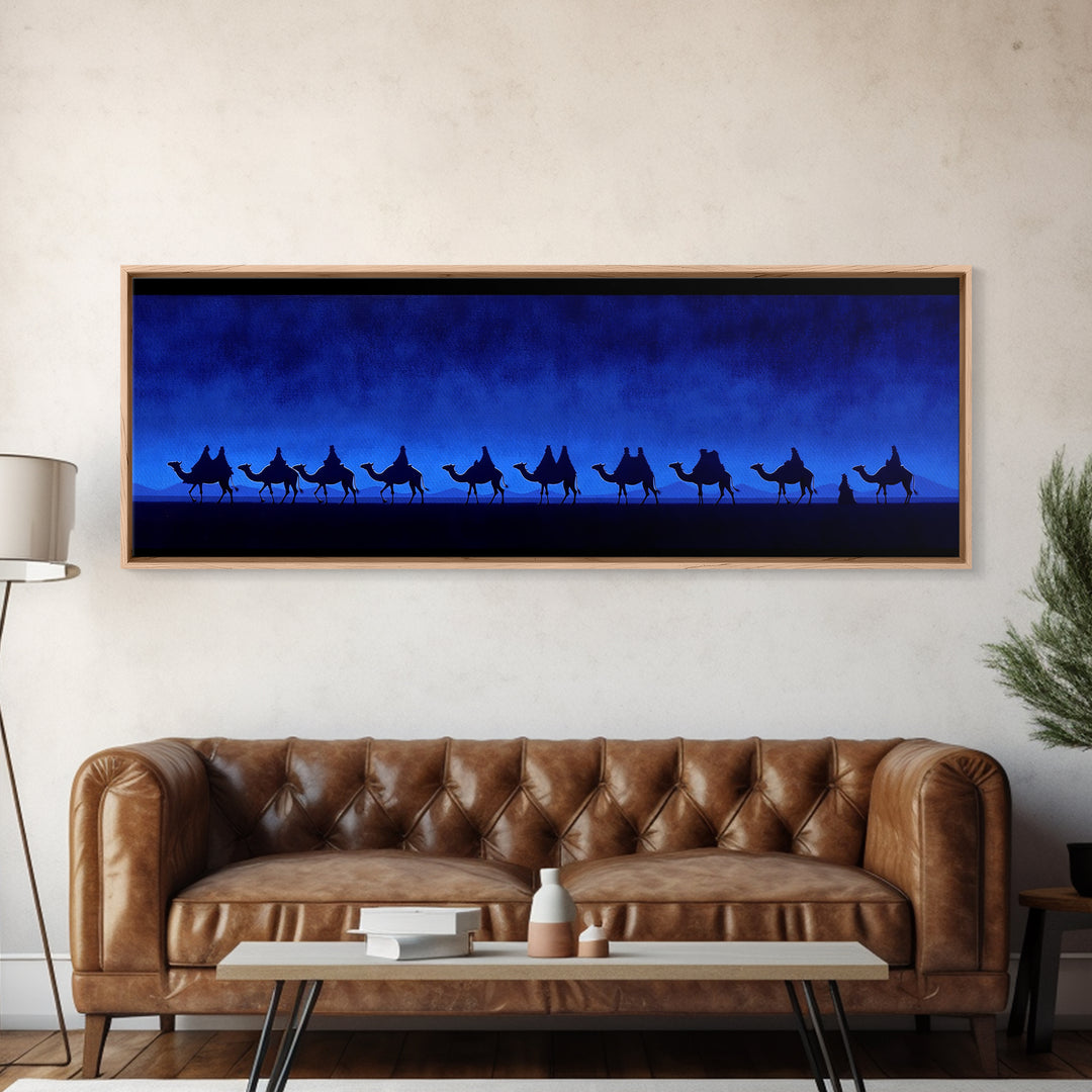 Deep Blue Camel Caravan Canvas Print, Desert Silhouette Wall Art, African Safari Poster, Minimalist Travel Decor For Home