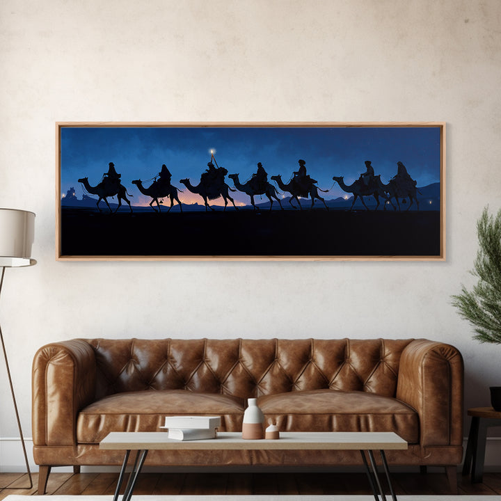 Night Camel Caravan Framed Canvas Print, Blue Desert Silhouette Wall Art, African Safari Travel Decor, Nomad Scene For Home