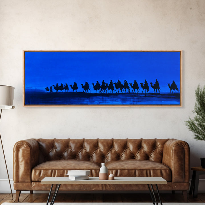 Blue Desert Camel Caravan Silhouette Wall Art, African Safari Art Print, Tuareg Travel Decor, Sahara Landscape Canvas Print