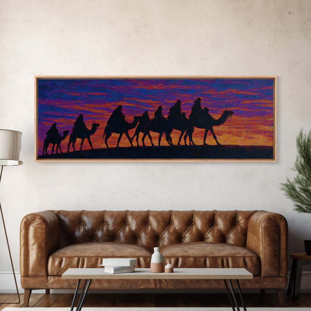 Vibrant Sunset Camel Caravan Silhouette Canvas Print, African Safari Wall Decor, Boho Desert Landscape, Colorful Art Gift