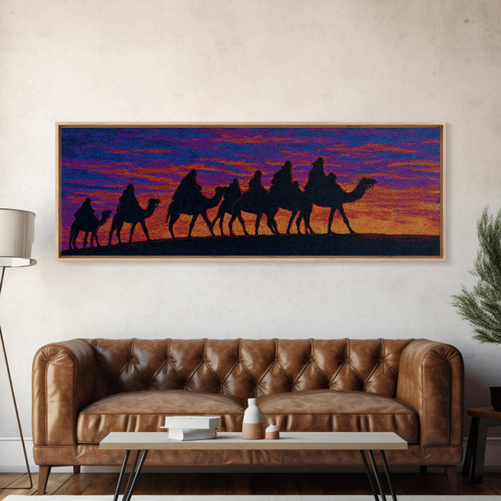 Vibrant Sunset Camel Caravan Silhouette Canvas Print, African Safari Wall Decor, Boho Desert Landscape, Colorful Art Gift
