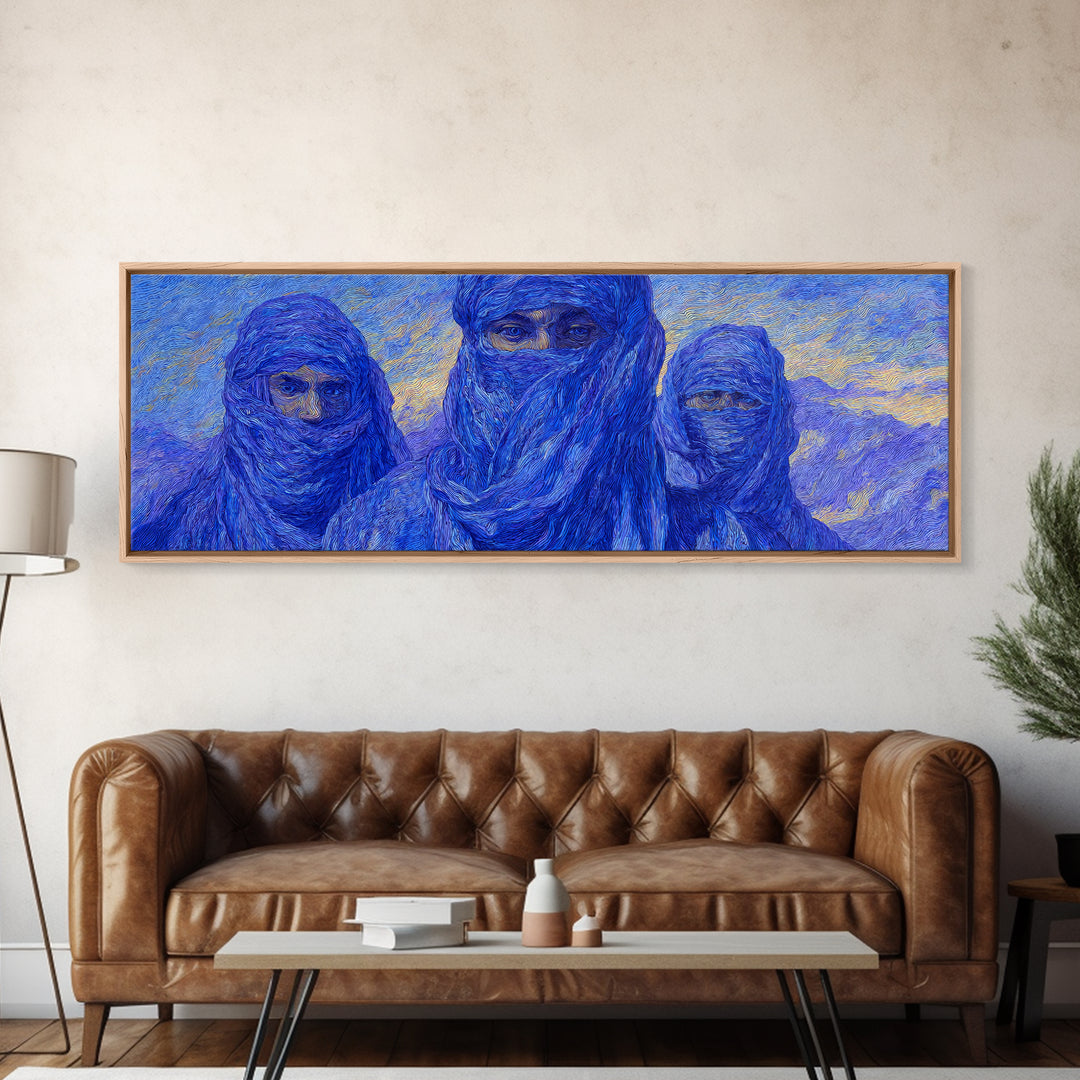 Three Blue Veiled Tuareg Portraits Canvas Print, African Painting Wall Art, Sahara Desert Decor, Modern Cultural Artwork