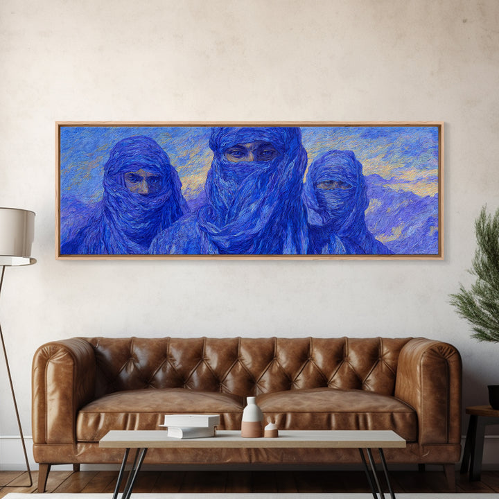 Three Blue Veiled Tuareg Portraits Canvas Print, African Painting Wall Art, Sahara Desert Decor, Modern Cultural Artwork