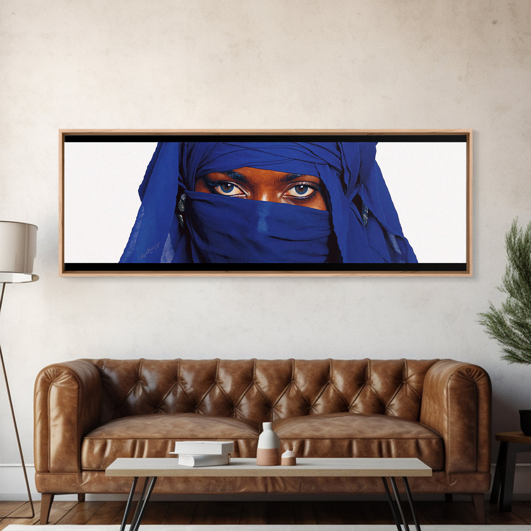 Blue Veiled Woman Eyes Portrait Wall Art, African Woman Art Print, Elegant Black Beauty Decor, Tuareg Canvas Print Gift For Her