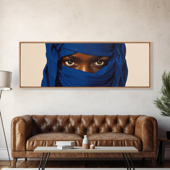 Intense Blue Veiled Eyes Portrait Canvas Print, African Woman Wall Art, Black Female Art, Minimalist Sahara Home Decor Gift