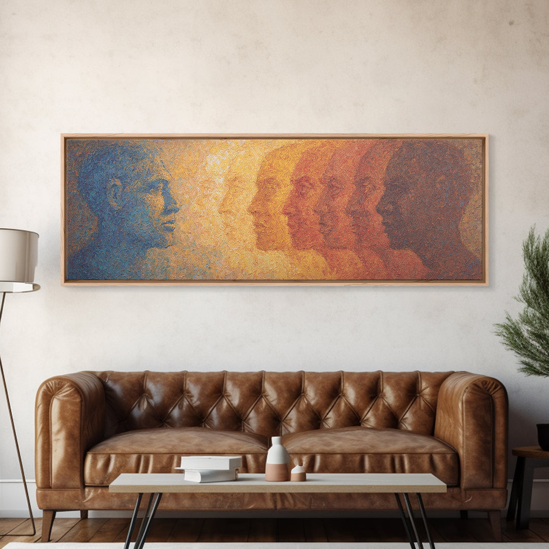 Blue And Amber African Faces Wall Art, Afrocentric Portrait, Modern Black Culture Decor, Abstract Panoramic Canvas Home Gift