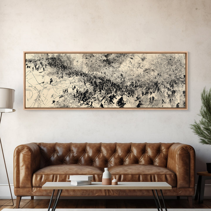 Monochrome African Migration Wall Art, Abstract Crowd Landscape, Black And White Culture Decor, Panoramic Art Print Home Gift