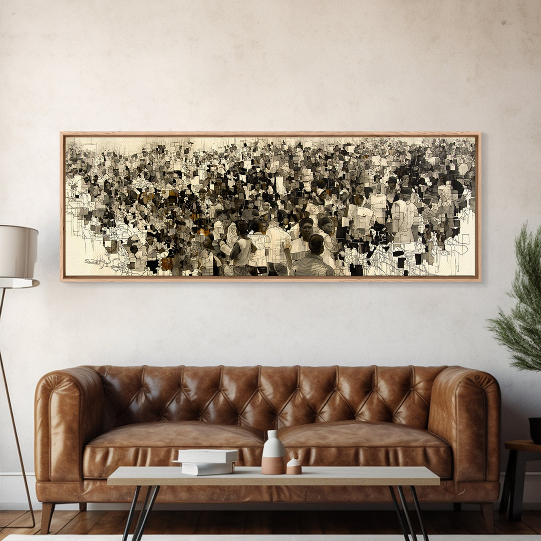 Sepia African Community Wall Art, Crowded Market Portrait, Black People Culture Decor, Panoramic Canvas Print Gift For Home