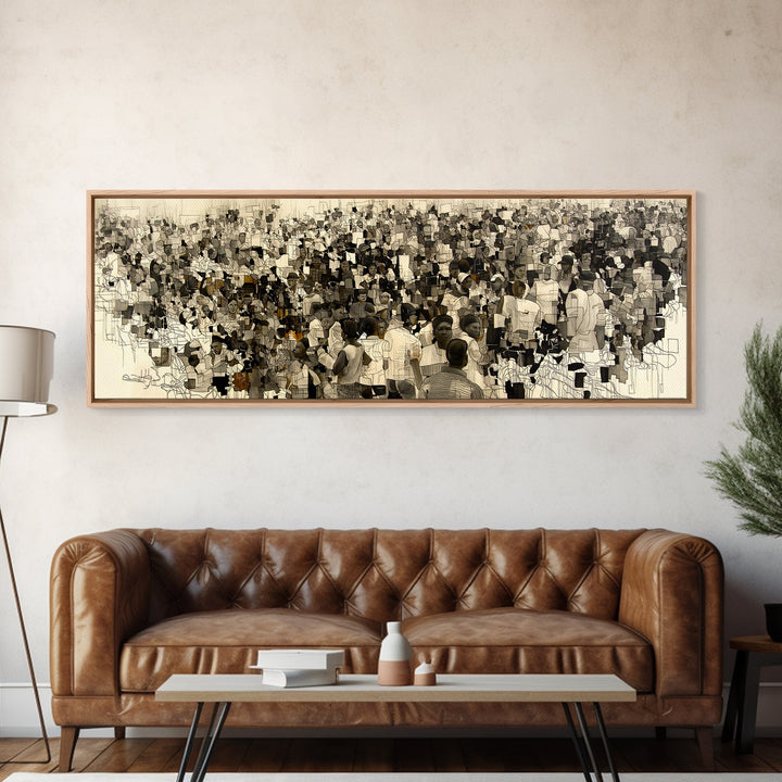 Sepia African Community Wall Art, Crowded Market Portrait, Black People Culture Decor, Panoramic Canvas Print Gift For Home