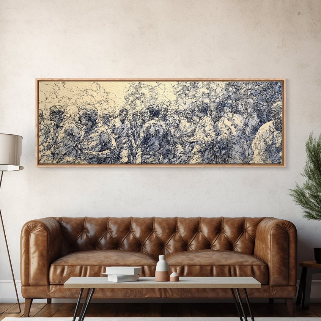 Blue Ink African Community Canvas Print, Expressive Line Drawing, Cultural Wall Decor, Black People Panoramic Art Home Decor Gift