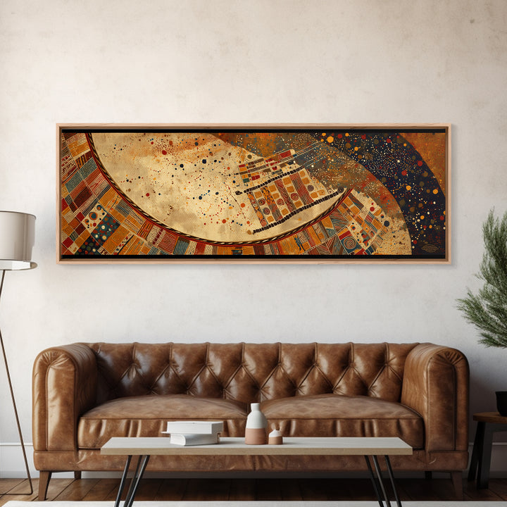 Celestial Ankara Crescent With Orange Patterns Canvas Print, African Fabric Art, Afrocentric Wall Decor, Boho Cultural Art