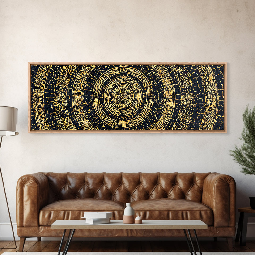 Gold Tribal Mandala On Black Canvas Print, African Patterns, Geometric Wall Art, Luxury Afrocentric Home Decor Gift For Him