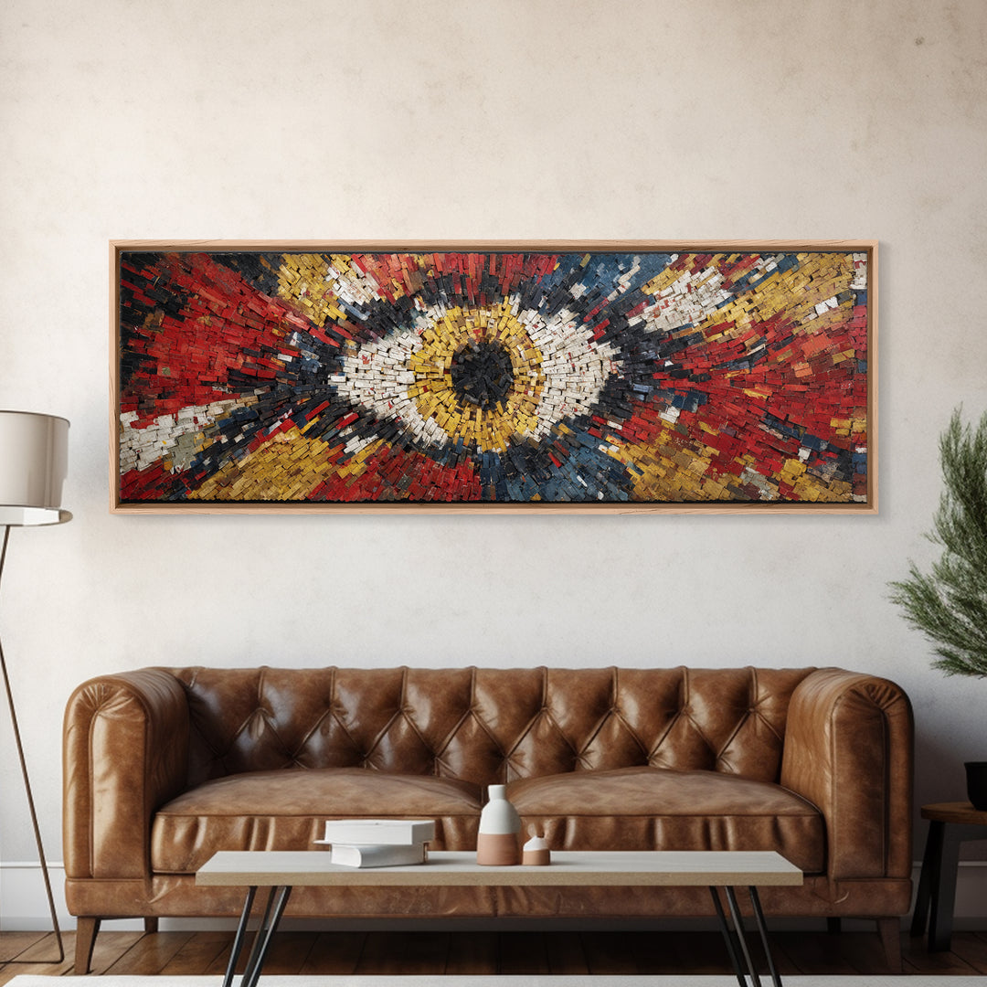 Exploding Eye Mosaic In Red Gold And Navy Framed Canvas Print, Abstract African Art, Bold Statement Wall Decor For Living Room