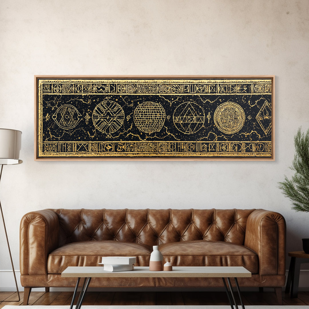 Gold Sacred Geometry Symbols On Black Canvas Print, African Patterns, Tribal Wall Art, Mystical Meditation Home Decor Gift