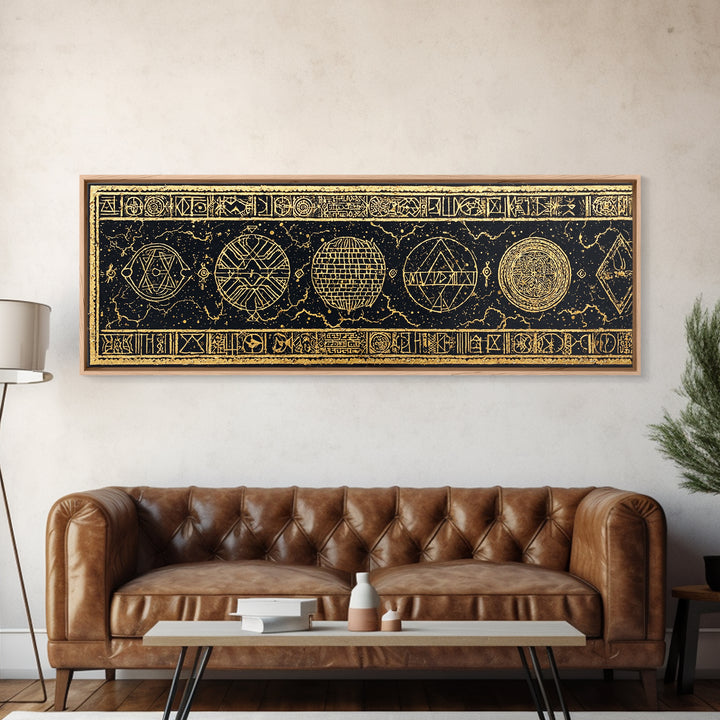 Gold Sacred Geometry Symbols On Black Canvas Print, African Patterns, Tribal Wall Art, Mystical Meditation Home Decor Gift