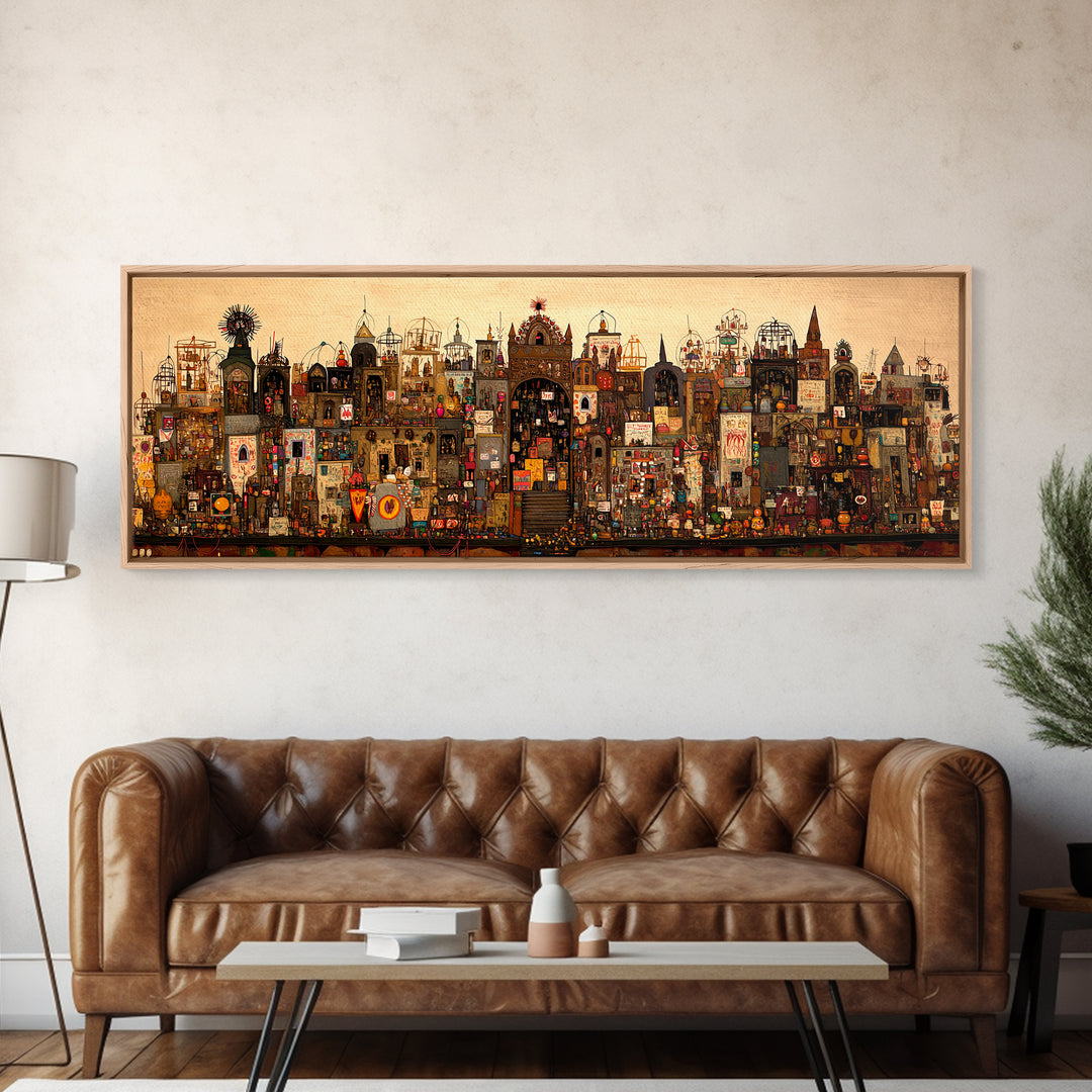 Intricate Fantasy City Shrine With Towers Canvas Print, African Inspired Wall Art, Maximalist Cultural Home Decor Unique Gift