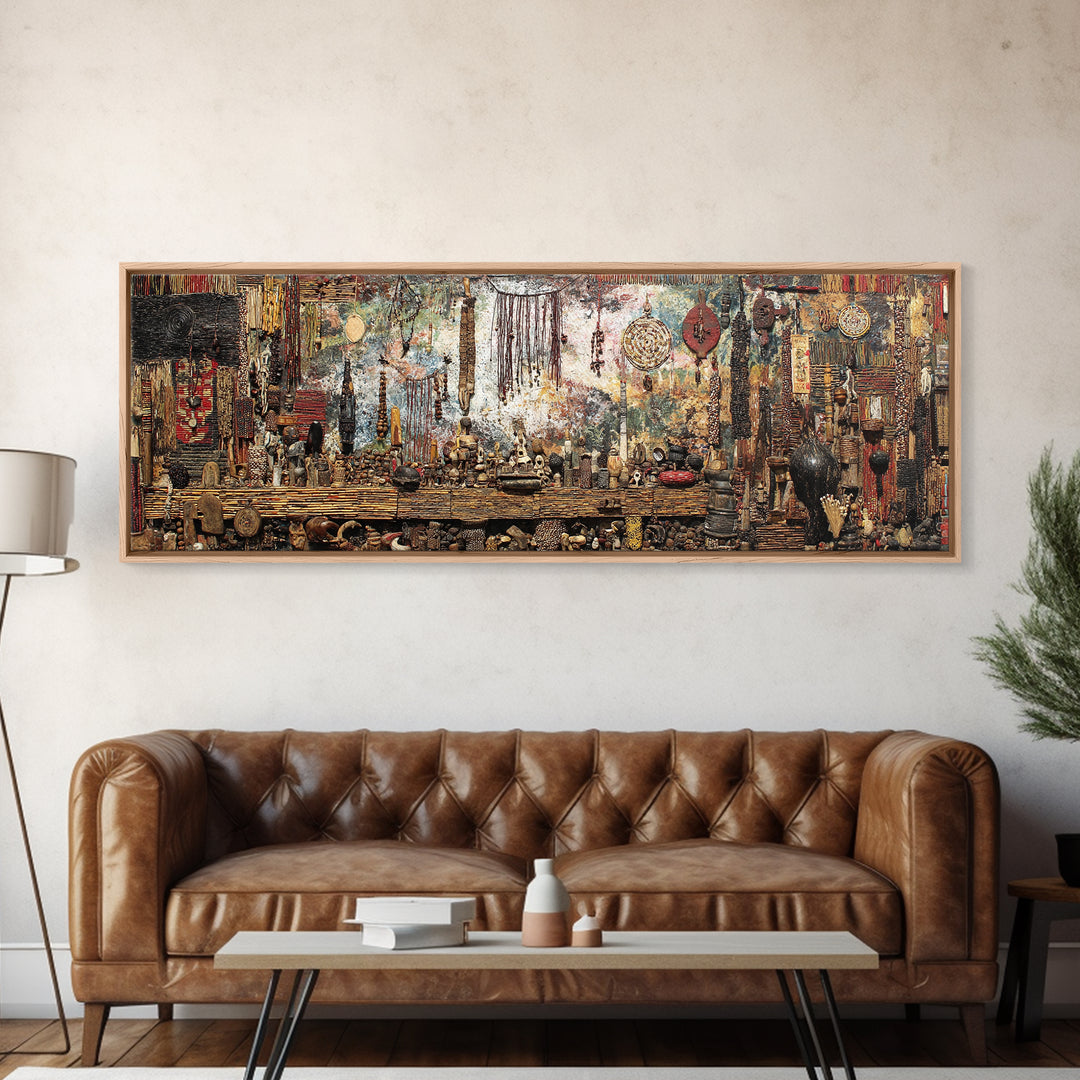 Eclectic African Market Altar With Masks And Textiles Canvas Print, African Art Prints, Ethnic Wall Decor, Boho Home Decor