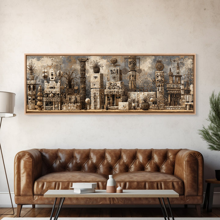 Monochrome African Totem Sculptures And Carved Masks Framed Canvas Print, Tribal Wall Decor, African Artwork, Cultural Art