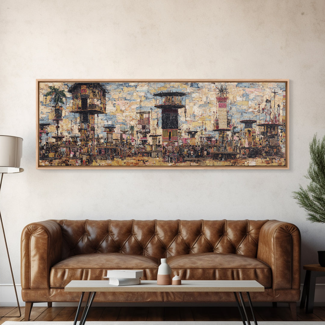 Abstract African City Skyline With Towers And Market Life Wall Art, Modern African Art, Urban Wall Art, Cultural Home Decor