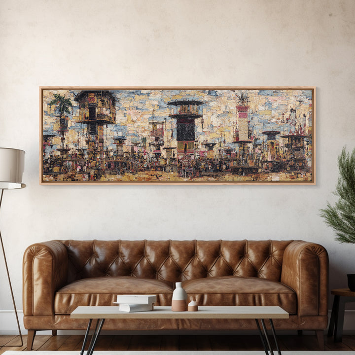 Abstract African City Skyline With Towers And Market Life Wall Art, Modern African Art, Urban Wall Art, Cultural Home Decor