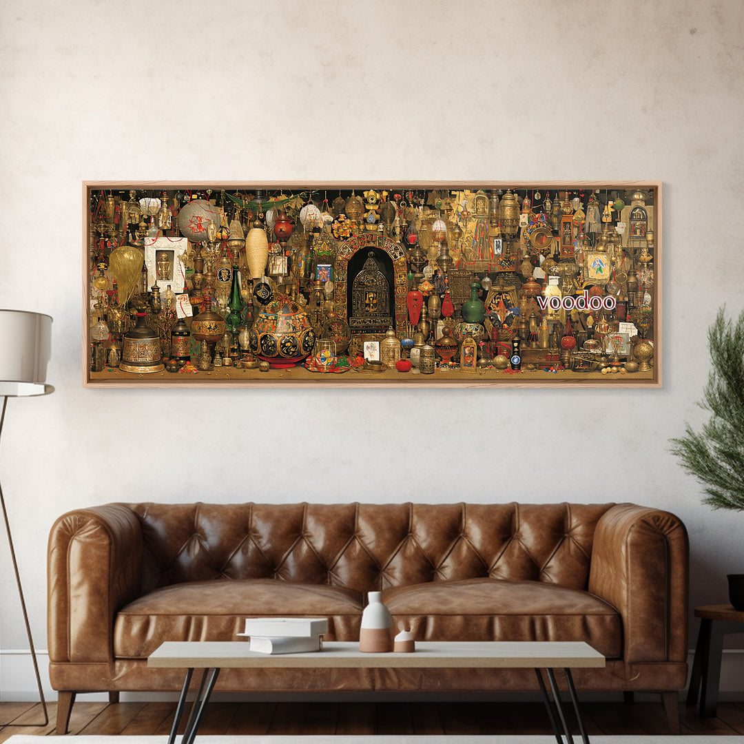 Voodoo Altar Shelf With Masks Bottles And Sacred Objects Canvas Print, Afrocentric Wall Art, African Decor, Spiritual Wall Decor